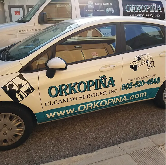 Smiling cleaner holding a spray bottle in a bright hallway